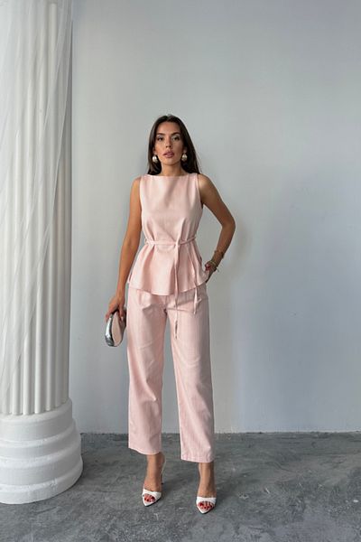 modaserdem Linen Bluz - Pant Suit Massimo Modelscreat Fabric - Powder
