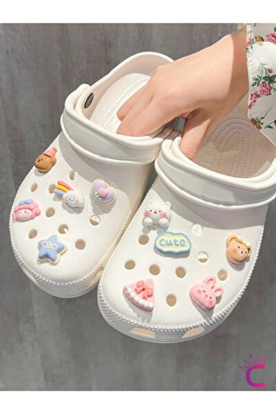Cinderella 10'lu Cute Tavşan Ayı Kedi Yıldız Gökkuşağı Çiçek Terlik Süsü Jibbitz - Cross Pin Crocks Charm Seti