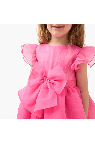 Juniors Bow Detail Tiered Dress with Round Neck and Short Layered Sleeves