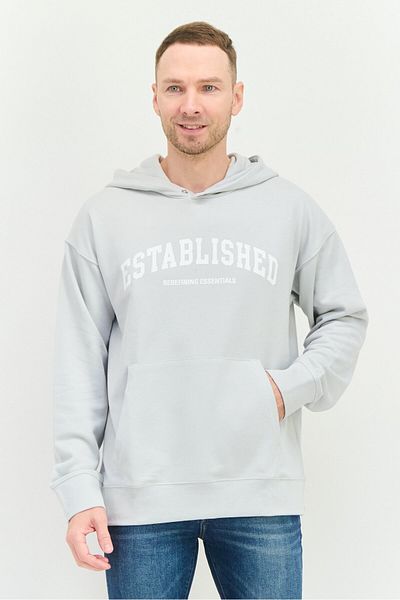 Established Redefining Essentials Men Hooded Brand Logo Long Sleeves Sweatshirt, Light Grey