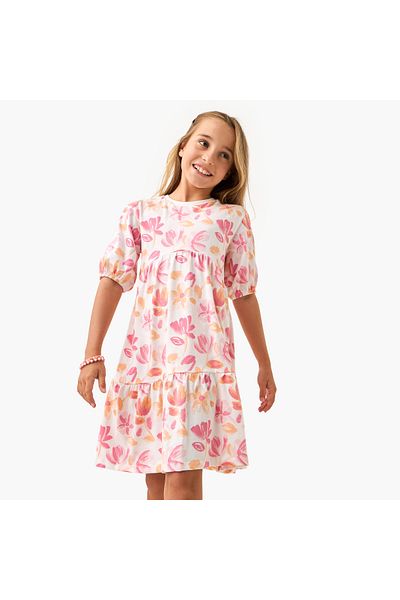 Juniors All-Over Floral Print Tiered Dress with Short Sleeves