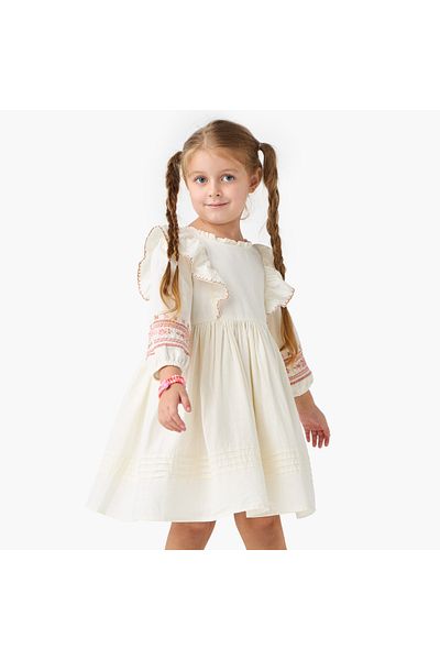 ELIGO Embroidered A-line Dress with Long Sleeves and Ruffle Detail