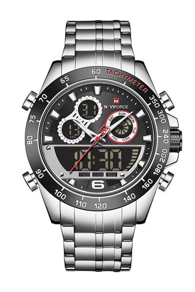 Naviforce Men's Analog-Digital Sports Watch – Stainless Steel Strap, Water Resistant, Alarm & Date Display