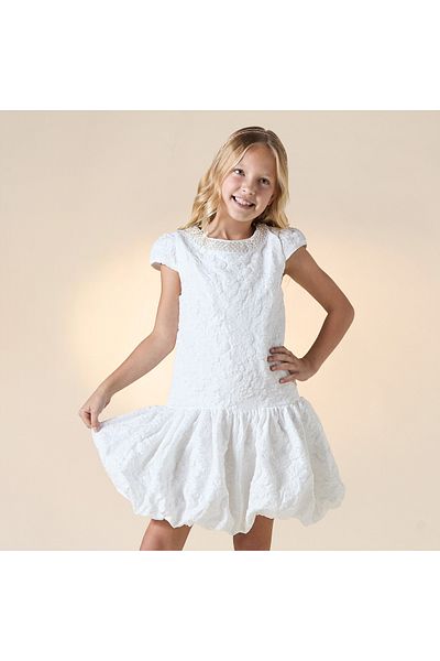 Juniors Textured Drop Waist Dress with Embellished Round Neck and Cap Sleeves