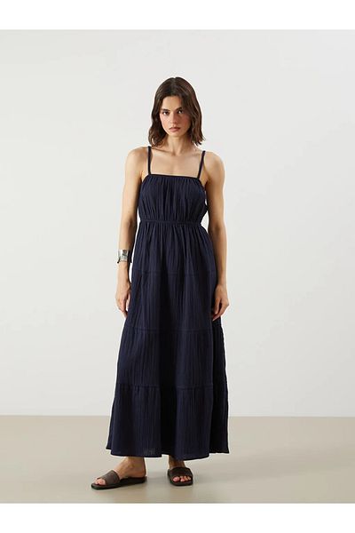 LC Waikiki Lcw Vision Navy Blue U-Neck Gathered A-Line Muslin Dress