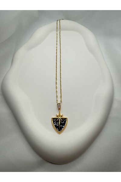 Mila Lumiere Black Enamel Polar Star Detailed Zircon Stone Shield Charm Gold Gold Color Steel Necklace