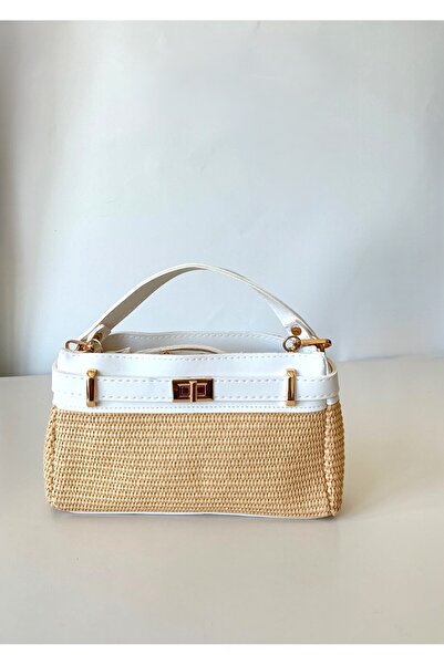 yako Straw Women's Mini Lock Detailed Cross Strap Hand and Shoulder Bag