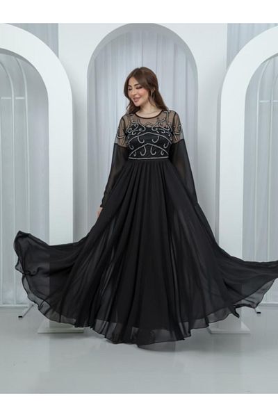 Nice Model Black Chiffon Evening Gown Royal Embroidery Sheer Sleeves Formal Wedding Guest Maxi Dress 155cm