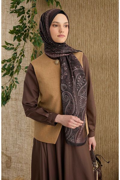 Fatma Atasoy Amelia Bitter Brown Ethnic Pattern Shawl