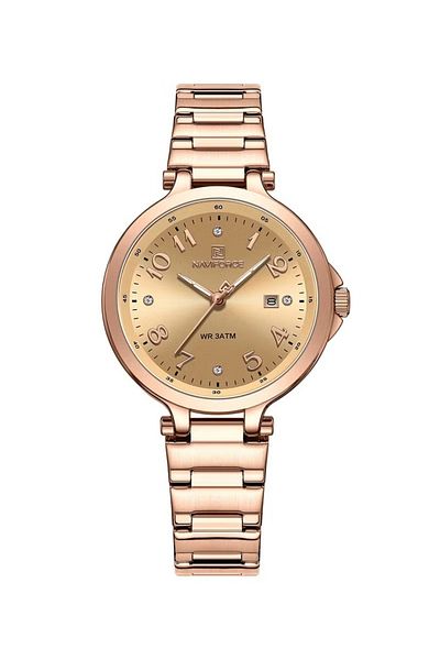 Naviforce Elegant Womens Quartz Watch with Gold Dial Rose Gold Stainless Steel Strap Analog Display