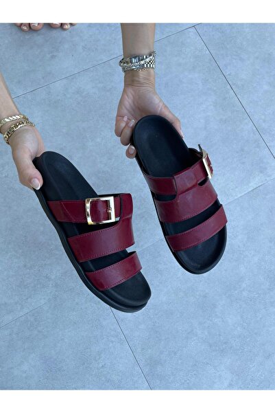 Elvinin Tarzı Tina Burgundy Wrinkled Patent Leather Buckle Detailed Slippers