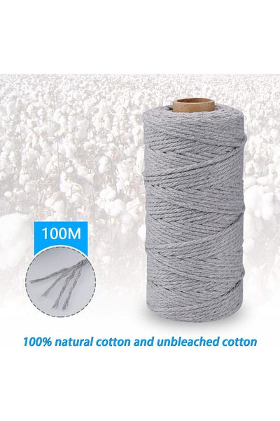 JIZZU macrame roll, cotton, gray, 100 m x 3 mm