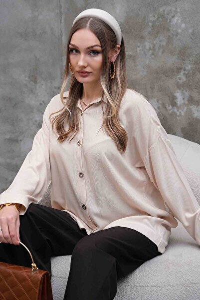 Polologin Butik Flowy Long Beige Shirt