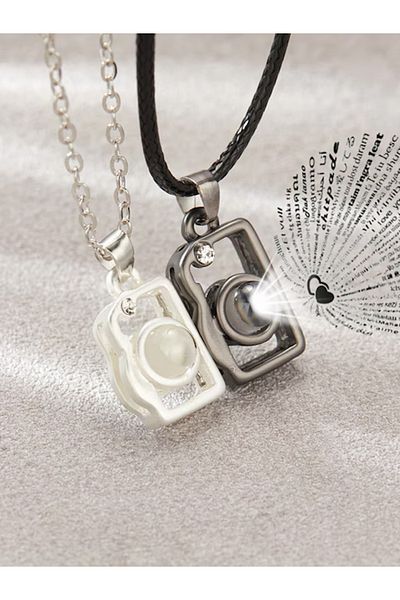 VOLY Set of 2 photo camera pendant necklaces, says I love you in 100 languages