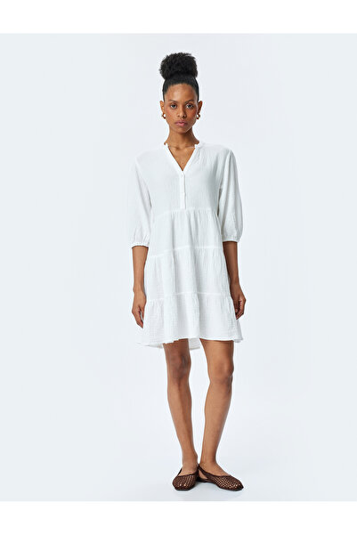 Koton Μίνι φόρεμα μουσελίνας με βαμβακερή στρώση V λαιμόκοψη κοντό μπαλόνι μανίκι