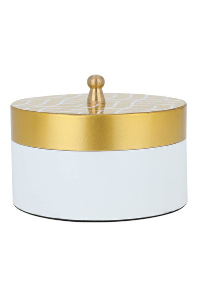 Alsaif Gallery Tamria Wooden Bowl with Gold Engraved Lid - White, 11x11x8 cm