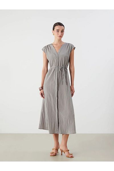 LC Waikiki Lcwaikiki Classic Beige V-Neck Textured Dress