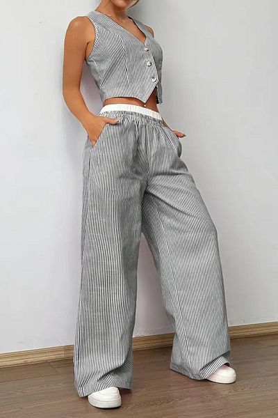 The Champ Clothing Women's Striped Poplin Woven Double Suit – Buttoned Crop Vest & Wide Leg Trousers Summer Casual Model