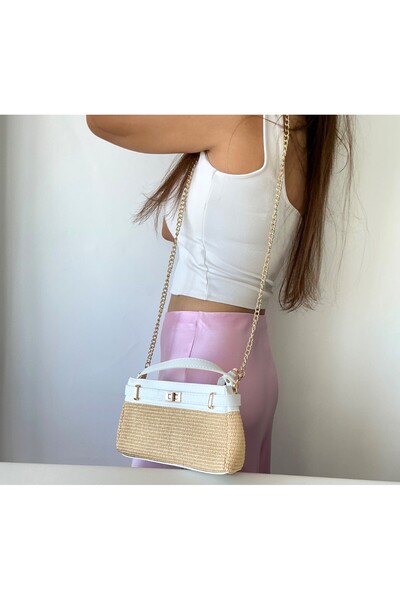 yako Straw Women's Mini Lock Detailed Cross Strap Hand and Shoulder Bag