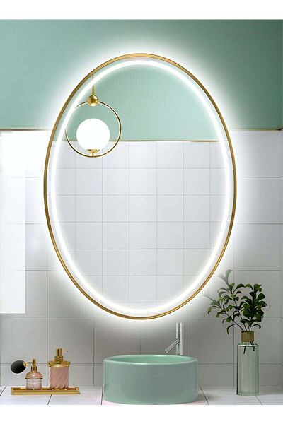 Taimi Oval Wall Mirror with Gold Aluminum Frame and Touch Front Light for Bathroom 60 x 40 cm