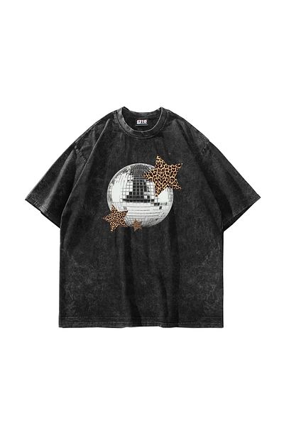 Sekizbiraltı Μαύρο μπλουζάκι Leopard Disco Printed Oversize Unisex που πλένεται