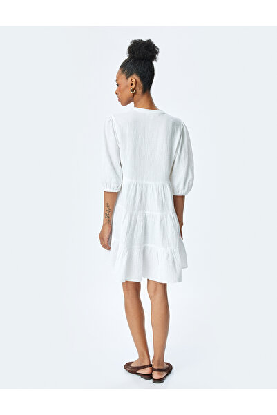 Koton Μίνι φόρεμα μουσελίνας με βαμβακερή στρώση V λαιμόκοψη κοντό μπαλόνι μανίκι