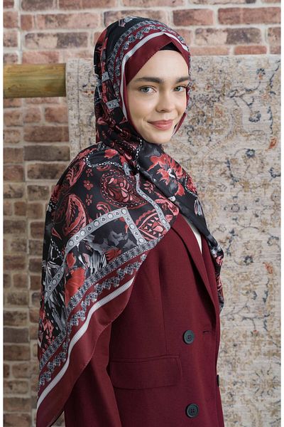 Fatma Atasoy Hibisca Black Burgundy Ethnic Patterned Shawl