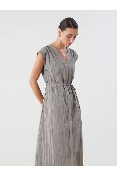 LC Waikiki Lcwaikiki Classic Beige V-Neck Textured Dress