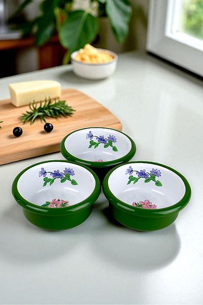 İnci Emaye 3 Piece 10cm Enamel Vertical Plate Set, Breakfast Plate, Jam Bowl, Olive, Cheese Plate, Dowry, Gift