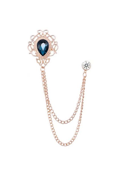 VOLY Brooch with blue crystal and long gold chain