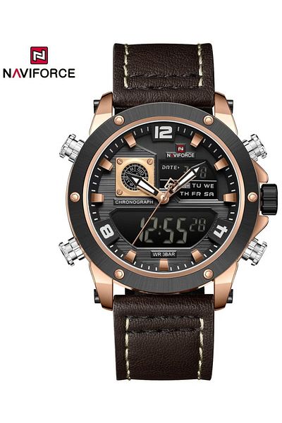 Naviforce Stylish Mens Dual Time Chronograph Watch with Black Dial Leather Strap Analog Digital Display