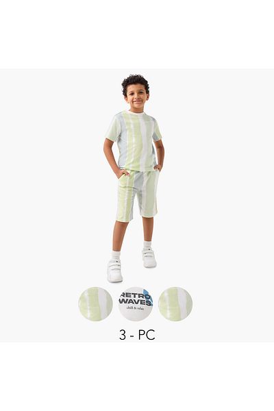 Juniors طقم تي شيرت وشورت مطبوع برقبة دائرية مكون من 3 قطع