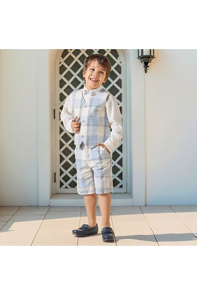 Juniors Solid Shirt with Checked Waistcoat, Bow and Shorts