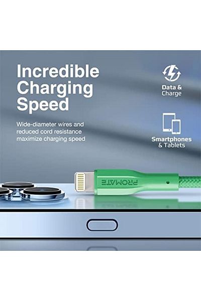 Promate كابل USB-A إلى Lightning، شحن USB-A متين بقوة 10 وات مع نقل بيانات بسرعة 480 ميجابت في الثانية، و100 سم أمبير