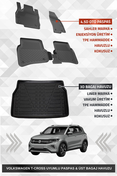 Sahler Volskwagen T-Cross 2022+ Uyumlu 4.5D Premium Havuzlu Oto Paspas ve Lin...