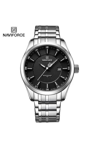 Naviforce Men's Watch – Black Dial, Stainless Steel, Date Display, Quartz Movement, Water Resistant