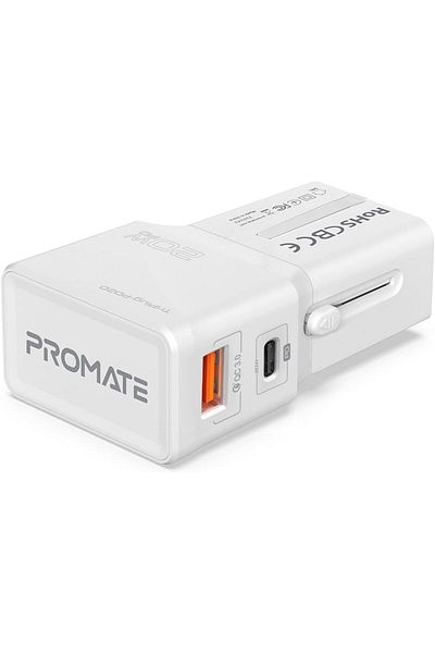 Promate Travel Adapter, All-In-One International Travel Power Charger with 20W Fast USB-C™ Chargin