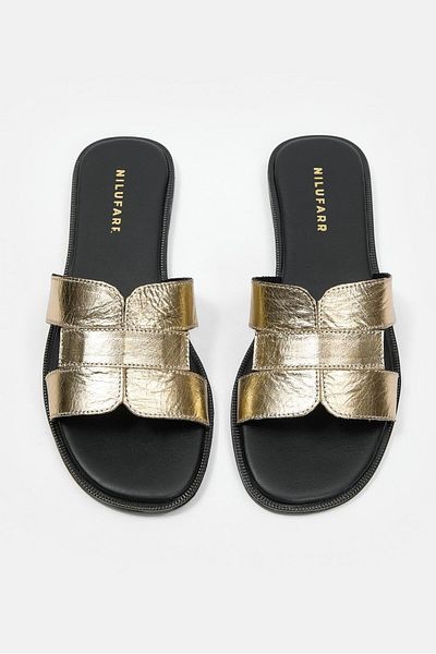 NILUFARR Papuci plati pentru femei Emilia Gold din piele naturala