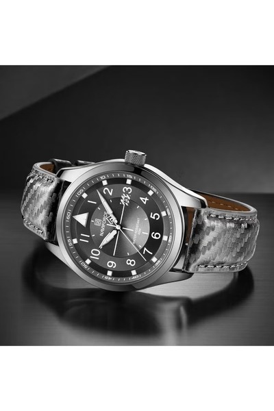 Naviforce Men's Analog Quartz Watch – 44mm Grey Dial, Leather Strap, 30M Water Resistant