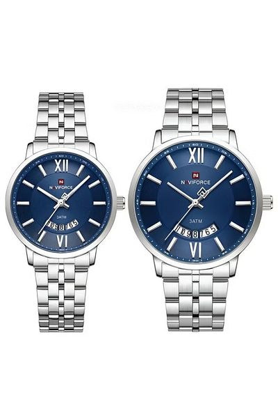 Naviforce Luxury Blue Couple Watch Set Two-Tone Stainless Steel Waterproof Roman Numerals