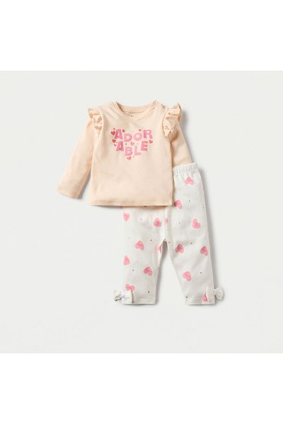 Juniors Heart Print Long Sleeve T-shirt and Elasticated Pyjama Set