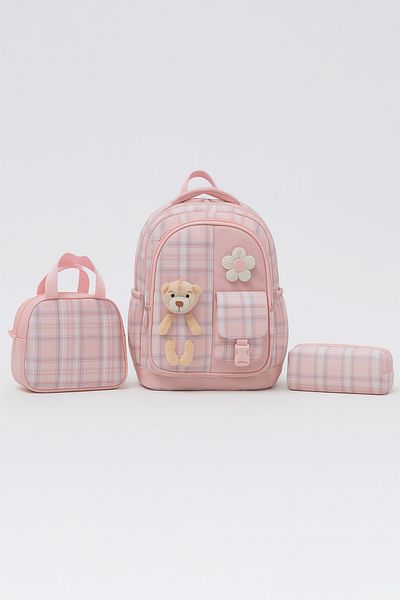 KAFF 01127 Pink Korean Style Water Resistant Fabric 3-Piece Bag-Lunch-Pencil Case Girl's Primary School Bag