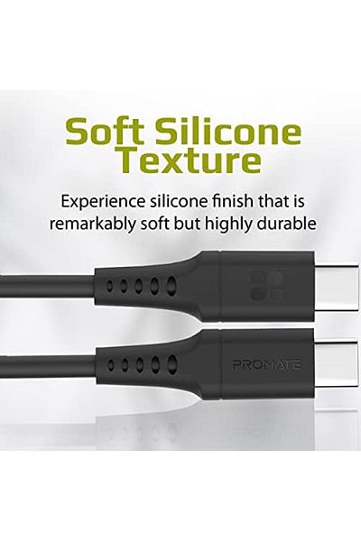 Promate كابل USB-C إلى USB-C، كابل شحن سريع من النوع C ممتاز بقوة 60 وات مع مزامنة بيانات بسرعة 480 ميجابت في الثانية و120