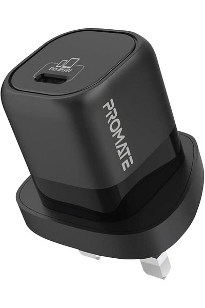 Promate USB-C Charger, Premium GaNFast Technology Wall Adapter with 25W Type-C Power Delivery Port,