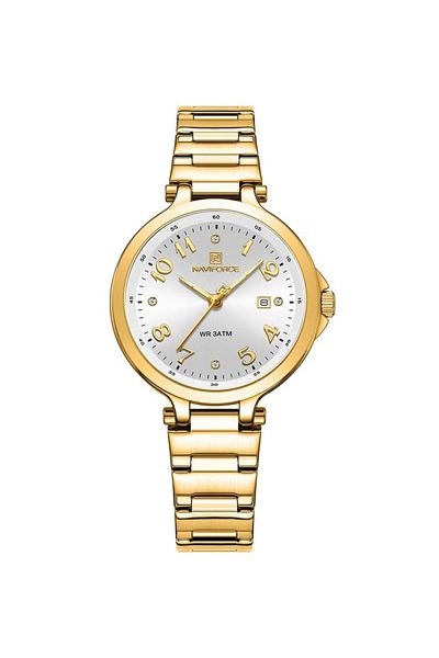 Naviforce Elegant Womens Quartz Watch with White Dial Gold Stainless Steel Strap Analog Display Water Resistan