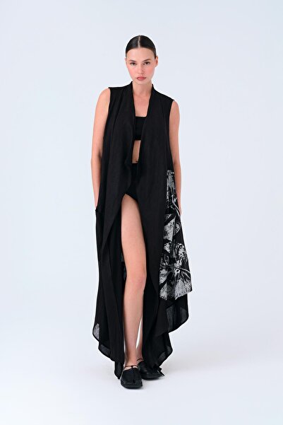 MİİN SİYAH ŞAL YAKA YAPRAK BASKILI KETEN YELEK