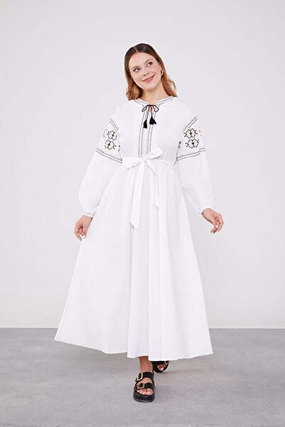 Levidor Elbise Nakışlı Belden Büzgülü 330017 - Ekru