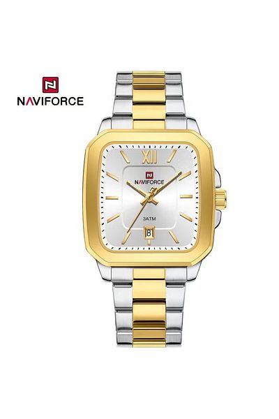Naviforce Luxury Two-Tone Gold and Silver Stainless Steel Couple Watch Set with Square Dial Date Display