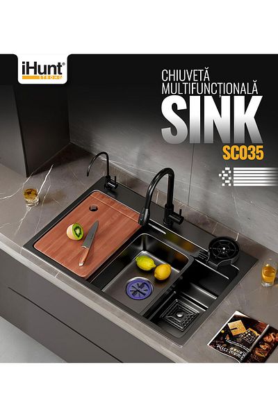 iHunt Chiuveta multifunctionala iHunt Sink SC035, sistem spalare pahare, robinet apa filtrata, cap robinet