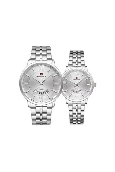 Naviforce Luxury Silver Couple Watch Set Stainless Steel Waterproof Roman Numerals